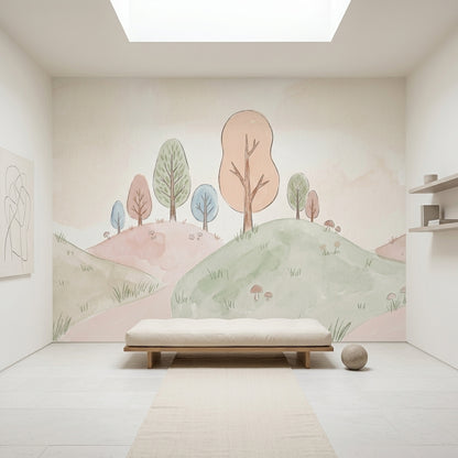 Pastel Landscape Wallpaper Watercolor Hills Whimsical Nature Wall Mural
