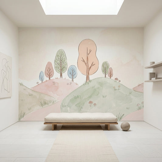 Pastel Landscape Wallpaper Watercolor Hills Whimsical Nature Wall Mural