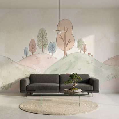 Pastel Landscape Wallpaper Watercolor Hills Whimsical Nature Wall Mural