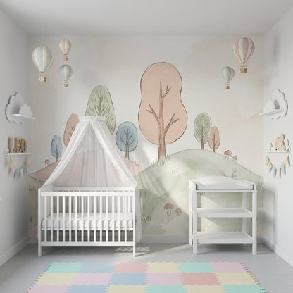 Pastel Landscape Wallpaper Watercolor Hills Whimsical Nature Wall Mural