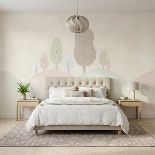 Pastel Landscape Wallpaper Rolling Hills Removable Stylized Trees Wall Decor