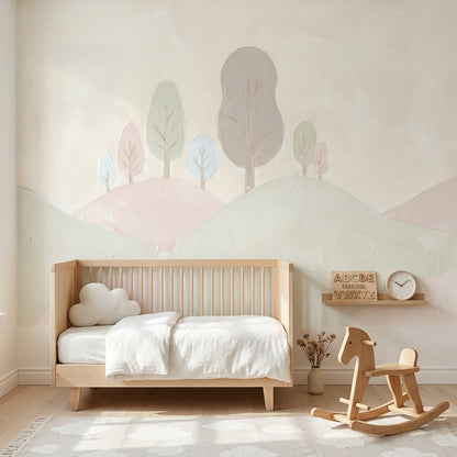 Pastel Landscape Wallpaper Rolling Hills Removable Stylized Trees Wall Decor