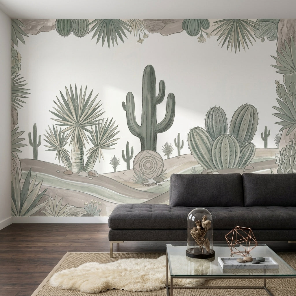 Desert Landscape Wallpaper Cactus Watercolor Illustration Wall Mural