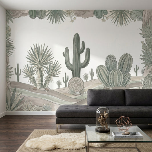 Desert Landscape Wallpaper Cactus Watercolor Illustration Wall Mural