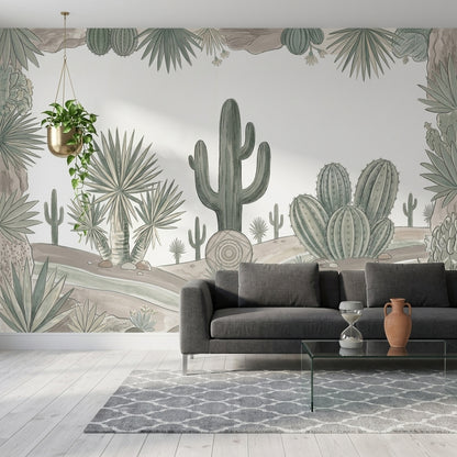 Desert Landscape Wallpaper Cactus Watercolor Illustration Wall Mural
