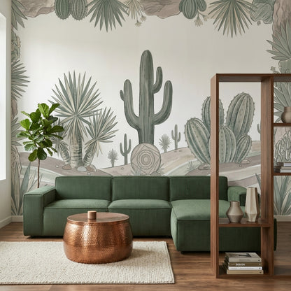 Desert Landscape Wallpaper Cactus Watercolor Illustration Wall Mural