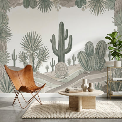 Desert Landscape Wallpaper Cactus Watercolor Illustration Wall Mural