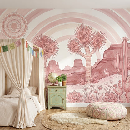 Pink Desert Landscape Wallpaper Joshua Trees Removable Cacti And Succulents Wall Decor