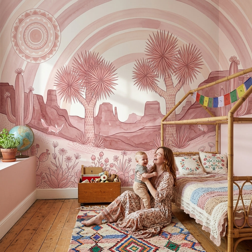 Pink Desert Landscape Wallpaper Joshua Trees Removable Cacti And Succulents Wall Decor