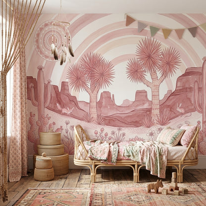 Pink Desert Landscape Wallpaper Joshua Trees Removable Cacti And Succulents Wall Decor