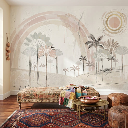 Blush Rainbow Arch Wallpaper Desert Dunes Removable Palm Trees Wall Decor