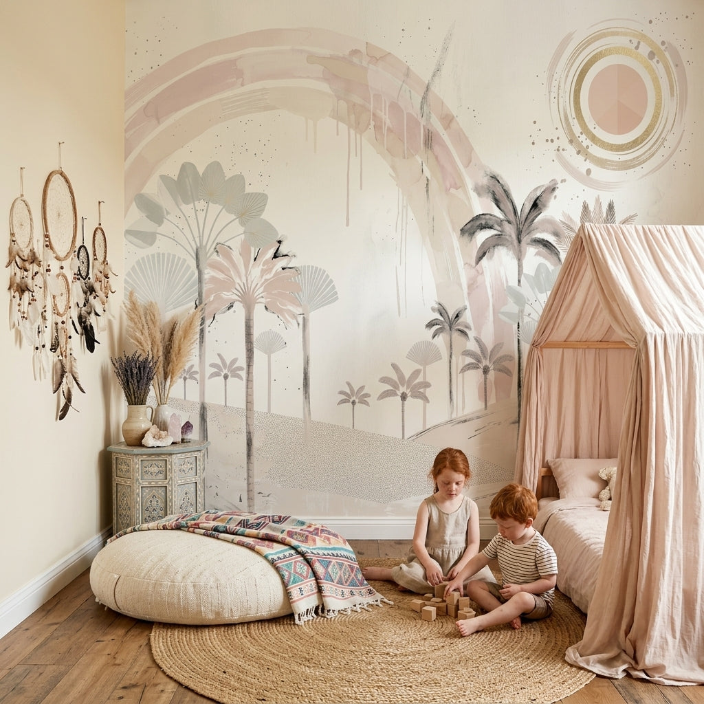 Blush Rainbow Arch Wallpaper Desert Dunes Removable Palm Trees Wall Decor