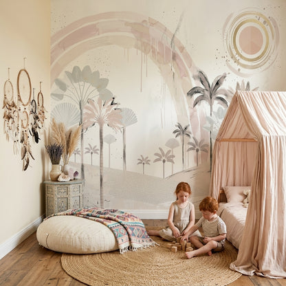 Blush Rainbow Arch Wallpaper Desert Dunes Removable Palm Trees Wall Decor