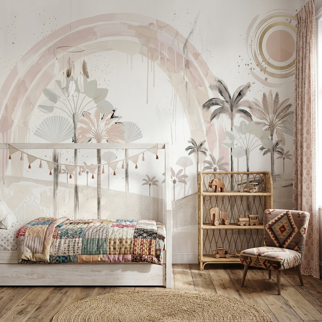Blush Rainbow Arch Wallpaper Desert Dunes Removable Palm Trees Wall Decor