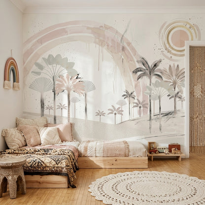 Blush Rainbow Arch Wallpaper Desert Dunes Removable Palm Trees Wall Decor