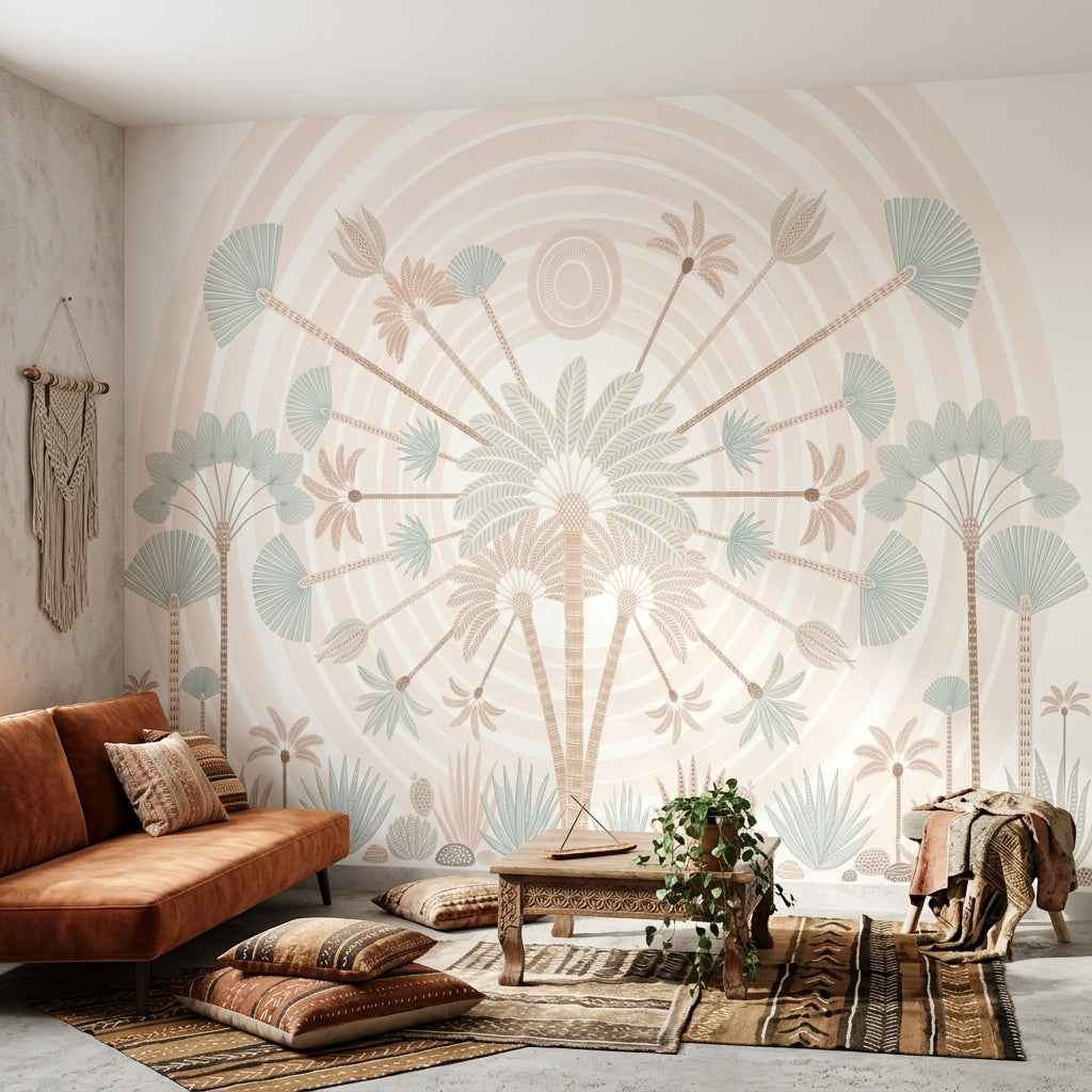 Tropical Palms Wallpaper Sunburst Rays Pastel Removable Wall Decor