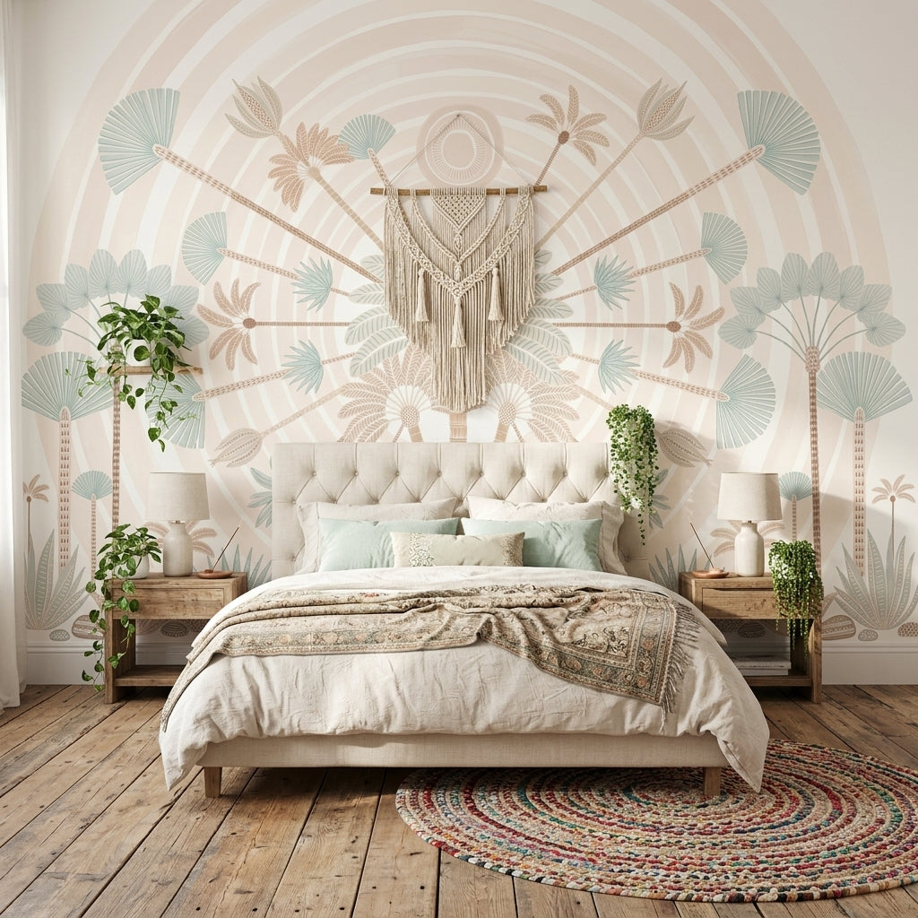 Tropical Palms Wallpaper Sunburst Rays Pastel Removable Wall Decor