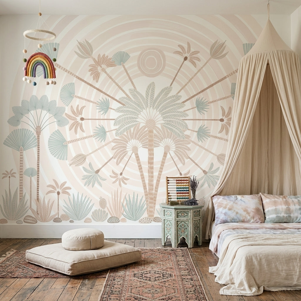 Tropical Palms Wallpaper Sunburst Rays Pastel Removable Wall Decor