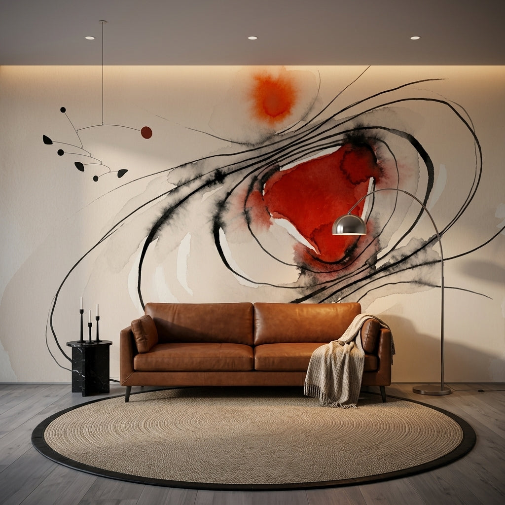 Abstract Watercolor Wallpaper Ink Wash Removable Sweeping Black Lines Wall Decor