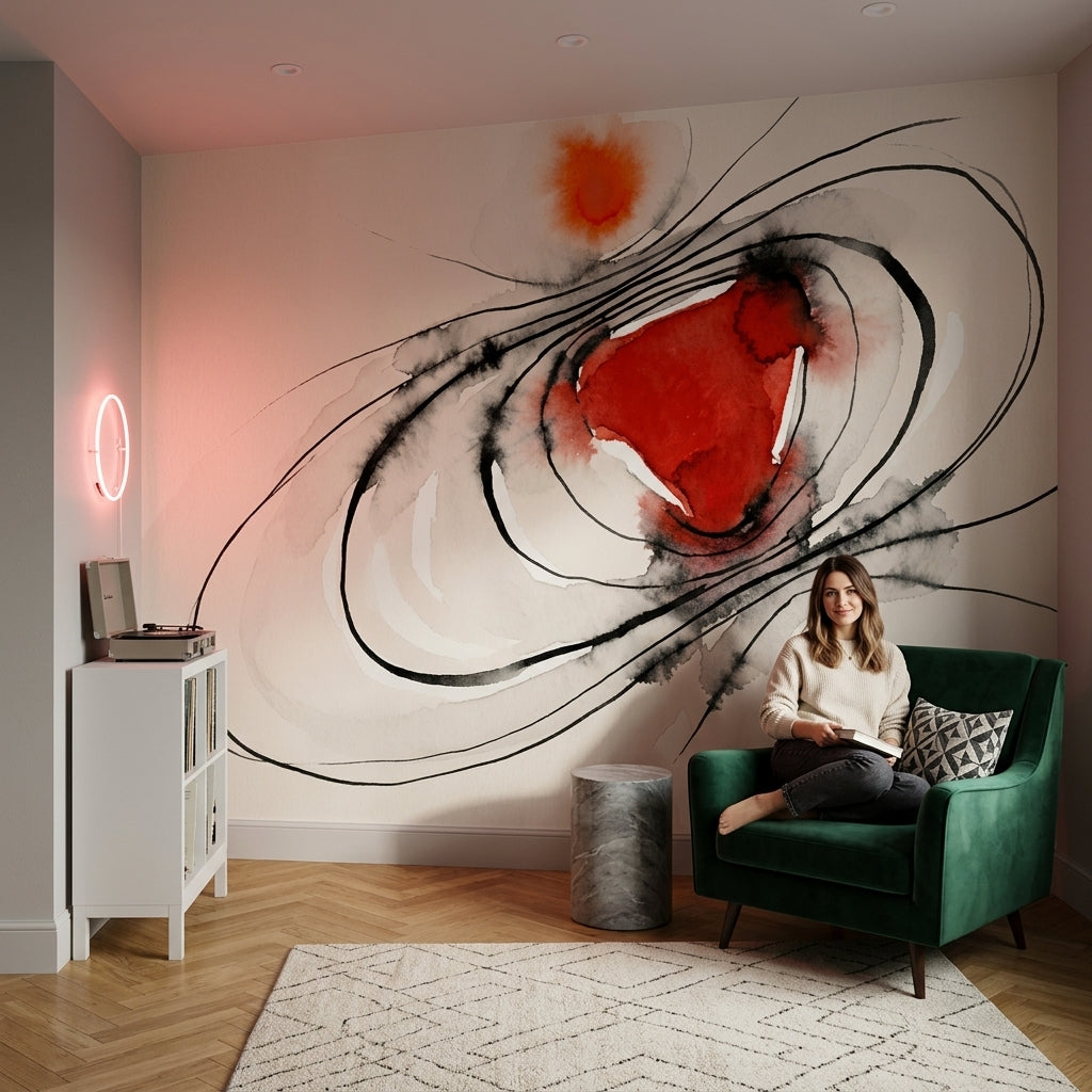 Abstract Watercolor Wallpaper Ink Wash Removable Sweeping Black Lines Wall Decor