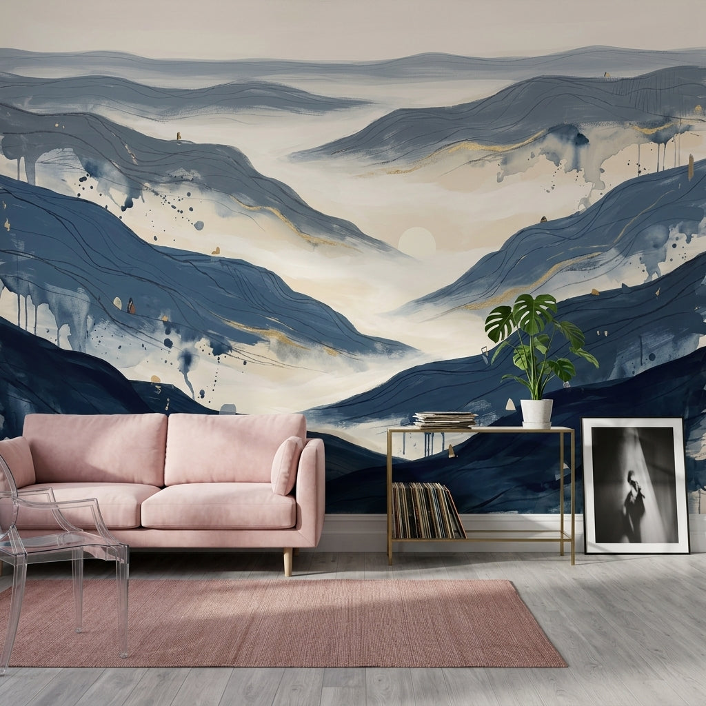 Abstract Landscape Wallpaper Blue Mountains Misty Valley Wall Mural