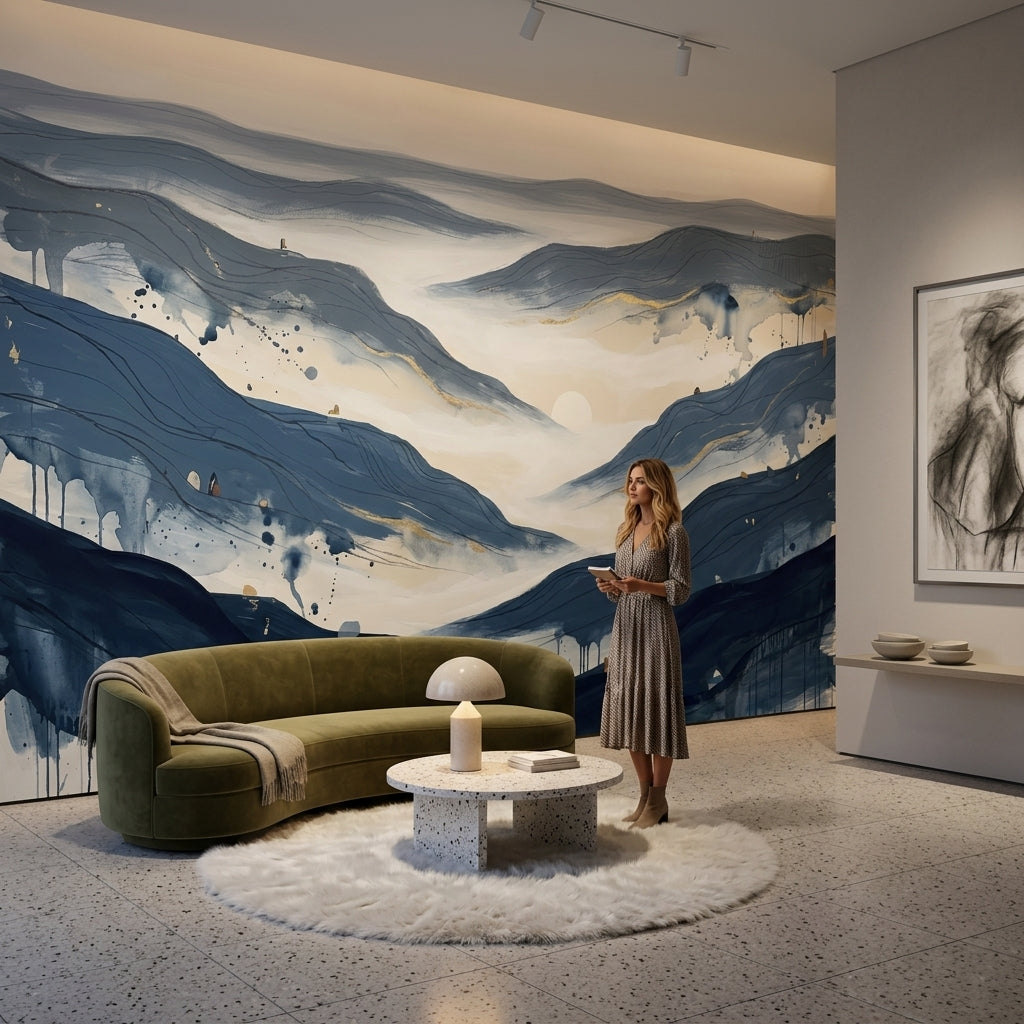 Abstract Landscape Wallpaper Blue Mountains Misty Valley Wall Mural