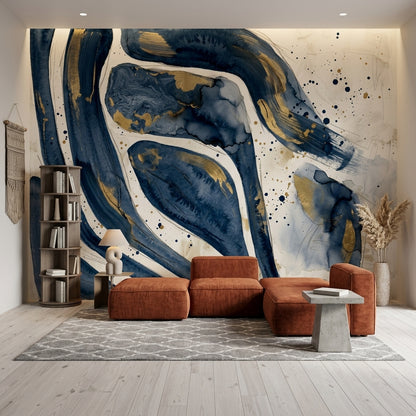 Abstract Wallpaper Navy Blue Gold Metallic Accents Wall Mural