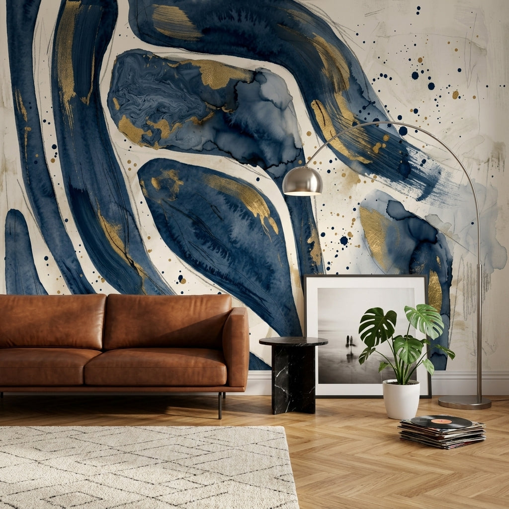 Abstract Wallpaper Navy Blue Gold Metallic Accents Wall Mural