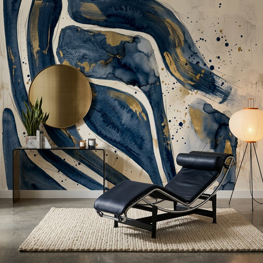 Abstract Wallpaper Navy Blue Gold Metallic Accents Wall Mural