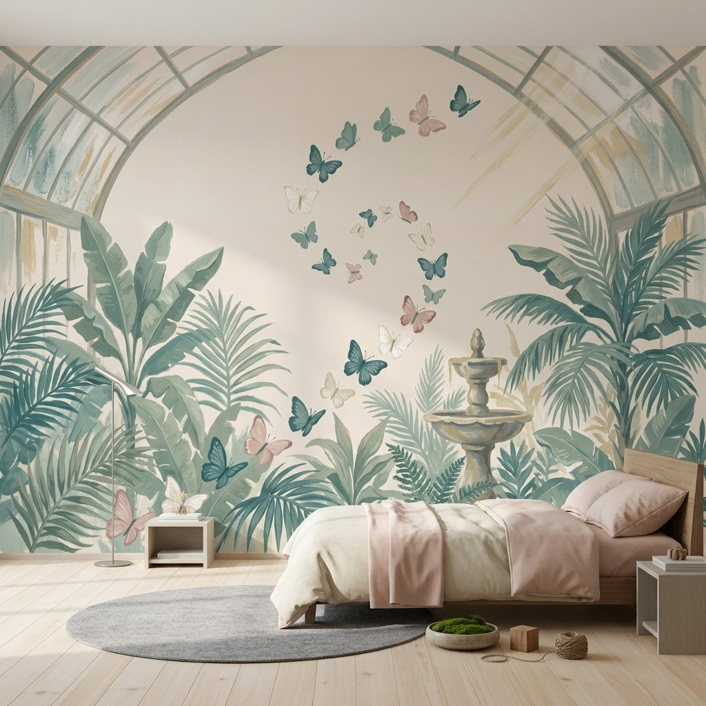 Glass Greenhouse Arch Wallpaper Tropical Foliage Removable Butterflies Wall Decor
