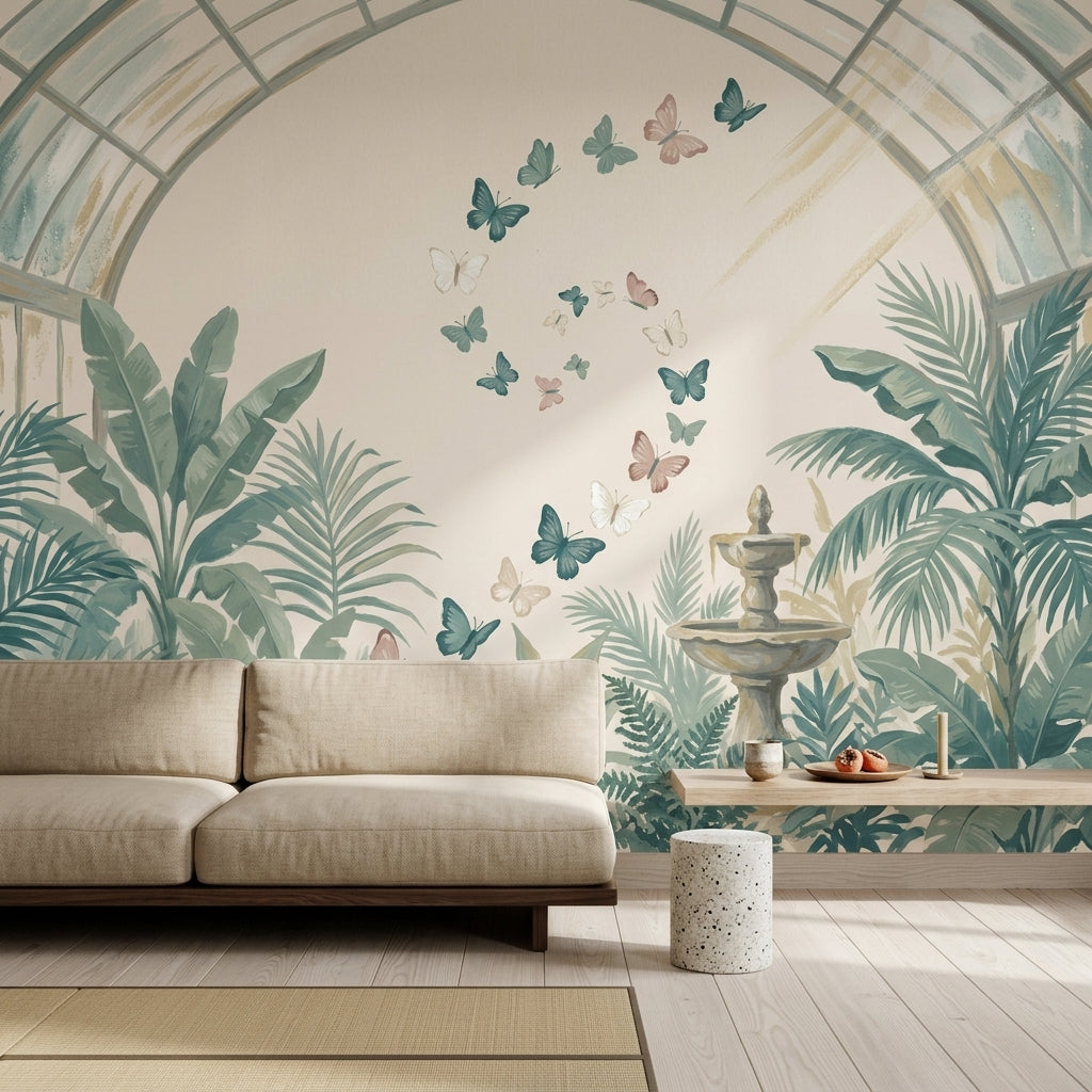 Glass Greenhouse Arch Wallpaper Tropical Foliage Removable Butterflies Wall Decor