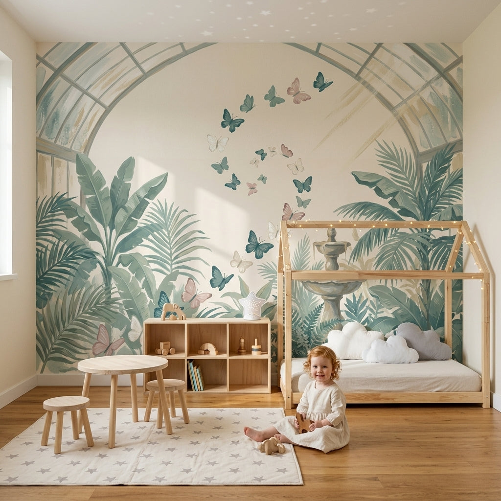 Glass Greenhouse Arch Wallpaper Tropical Foliage Removable Butterflies Wall Decor
