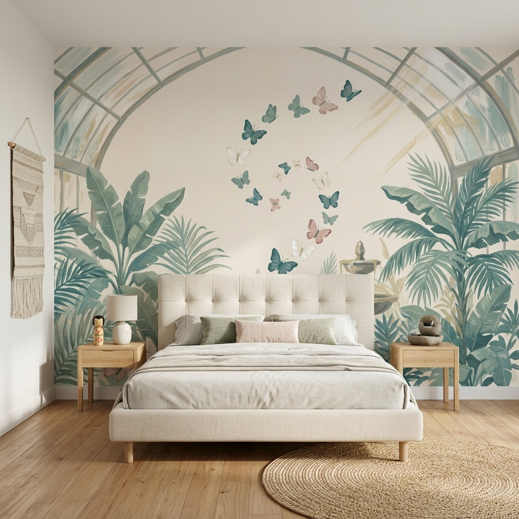 Glass Greenhouse Arch Wallpaper Tropical Foliage Removable Butterflies Wall Decor