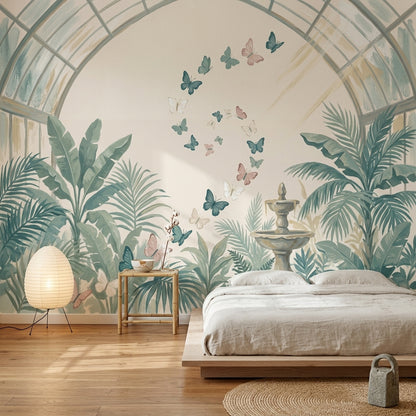 Glass Greenhouse Arch Wallpaper Tropical Foliage Removable Butterflies Wall Decor