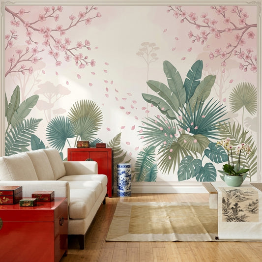 Cherry Blossoms Wallpaper Pink Petals Removable Tropical Leaves Wall Decor