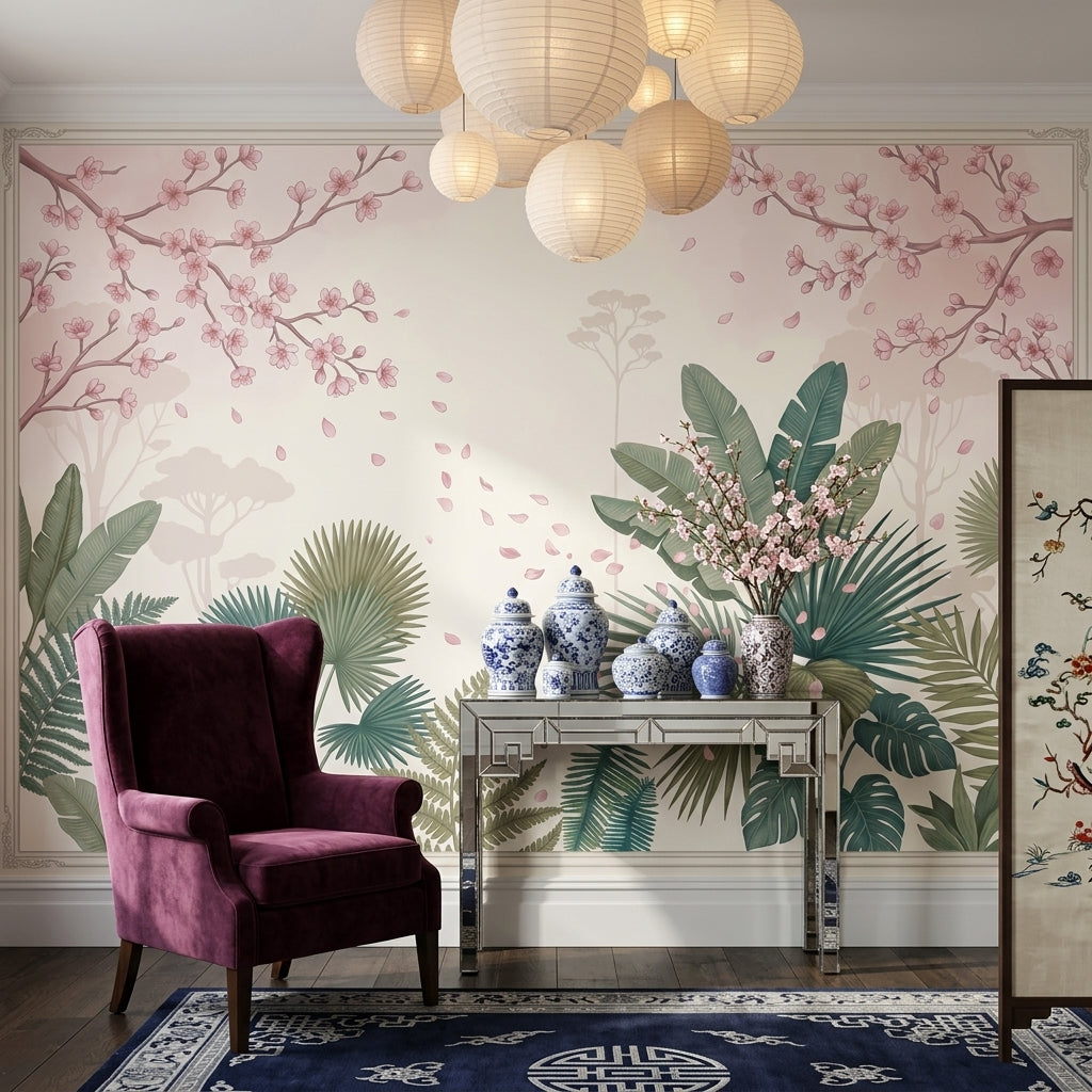 Cherry Blossoms Wallpaper Pink Petals Removable Tropical Leaves Wall Decor
