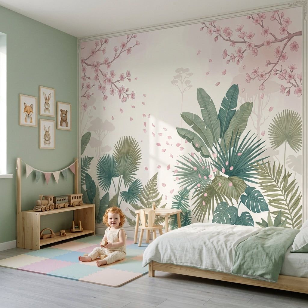 Cherry Blossoms Wallpaper Pink Petals Removable Tropical Leaves Wall Decor