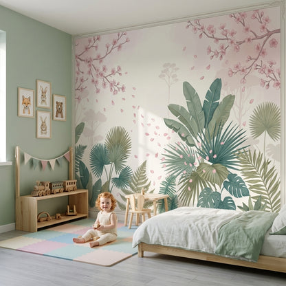 Cherry Blossoms Wallpaper Pink Petals Removable Tropical Leaves Wall Decor