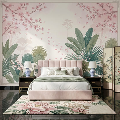 Cherry Blossoms Wallpaper Pink Petals Removable Tropical Leaves Wall Decor