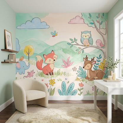 Woodland Animals Wallpaper Pastel Watercolor Wall Mural