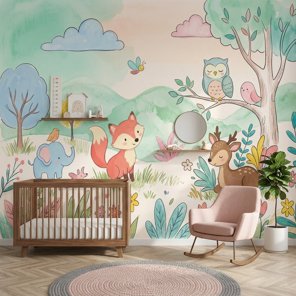 Woodland Animals Wallpaper Pastel Watercolor Wall Mural