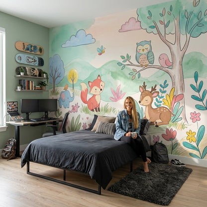 Woodland Animals Wallpaper Pastel Watercolor Wall Mural