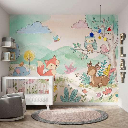 Woodland Animals Wallpaper Pastel Watercolor Wall Mural