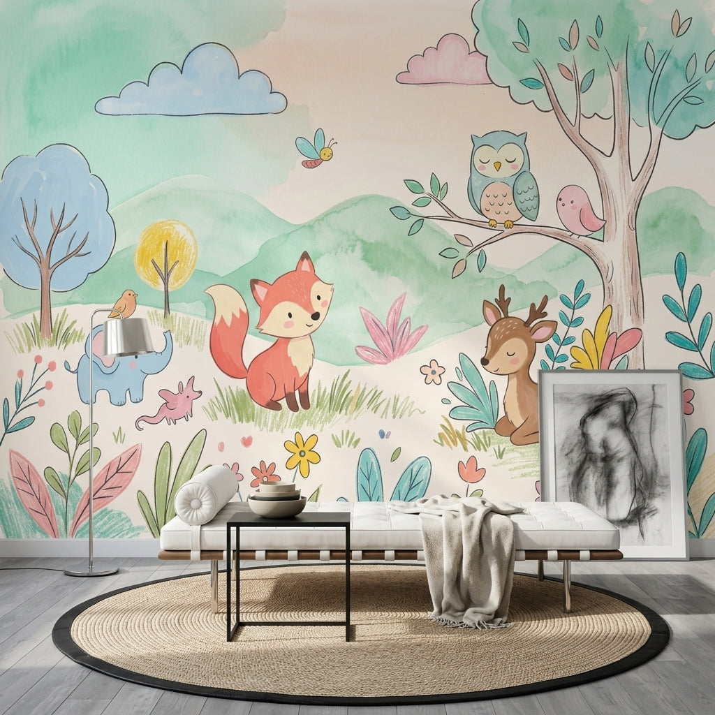 Woodland Animals Wallpaper Pastel Watercolor Wall Mural