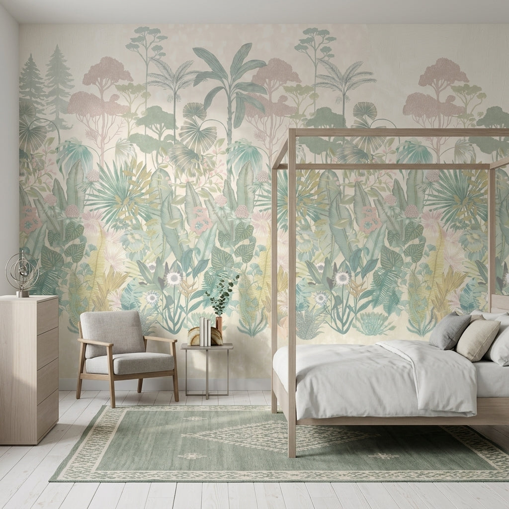 Tropical Botanical Wallpaper Pastel Jungle Layered Landscape Removable Wall Decor