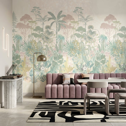 Tropical Botanical Wallpaper Pastel Jungle Layered Landscape Removable Wall Decor