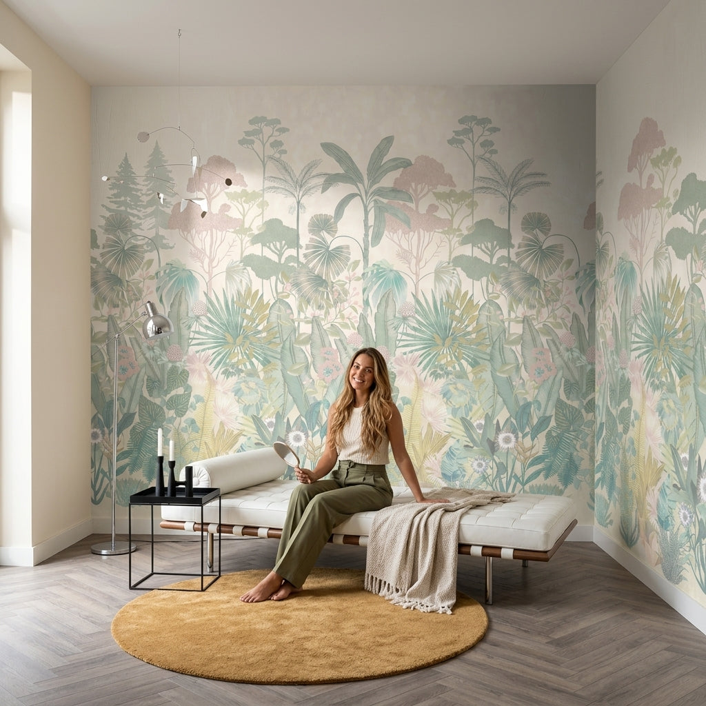 Tropical Botanical Wallpaper Pastel Jungle Layered Landscape Removable Wall Decor