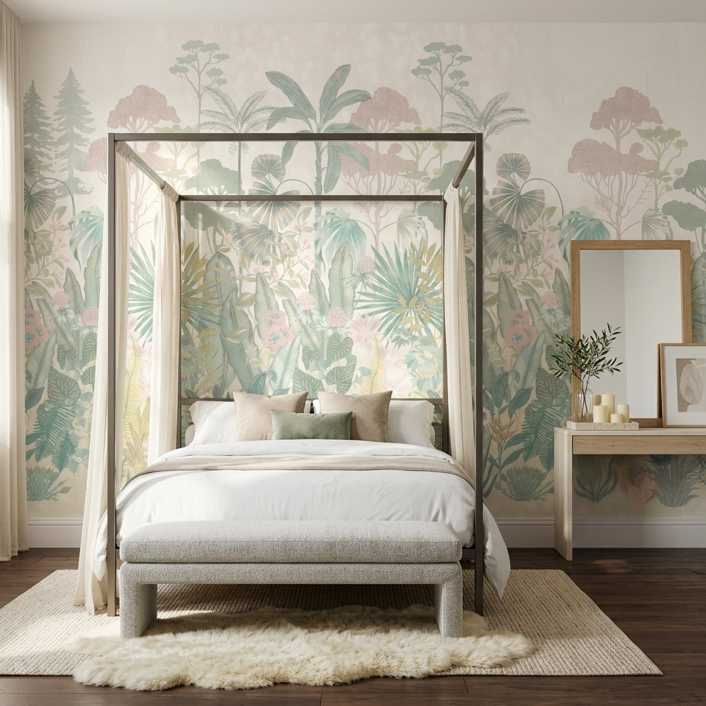 Tropical Botanical Wallpaper Pastel Jungle Layered Landscape Removable Wall Decor