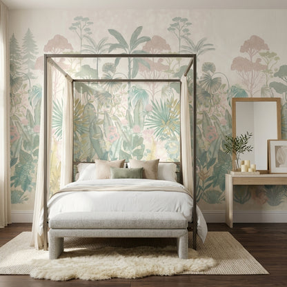 Tropical Botanical Wallpaper Pastel Jungle Layered Landscape Removable Wall Decor