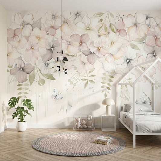 Watercolor Floral Wallpaper Pastel Blossoms Cream Background Wall Mural
